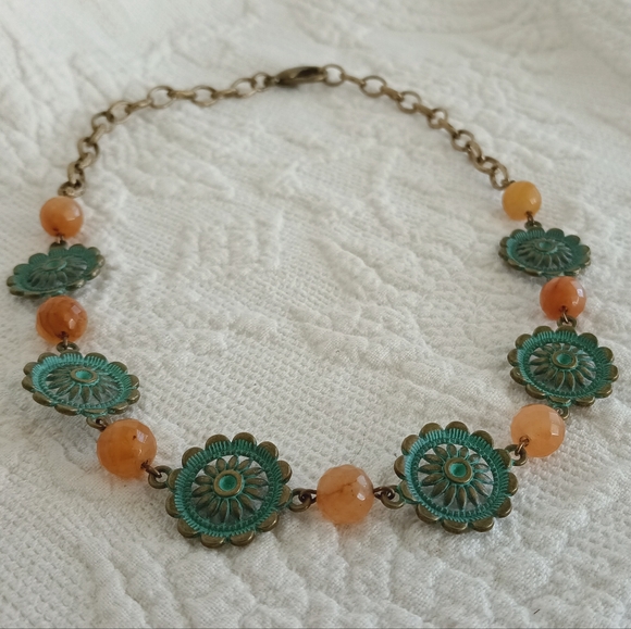 Handcrafted Green Verdigris Medallion Necklace Orange Carnelian Gemstone Beads - Picture 2 of 6